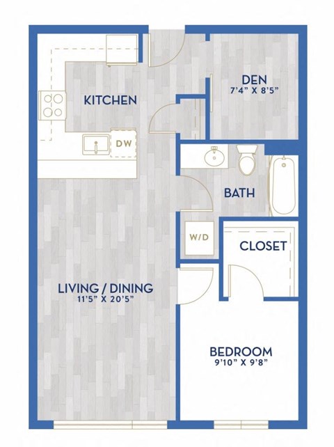 Floor plan for 1 bed, 1 bath, 734 sqft